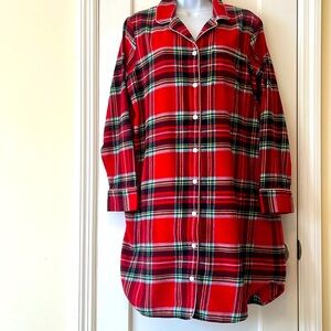 Lands' End Cotton Sleep Shirt Long Red Plaid Nightgown Womens M 10–12 Holiday